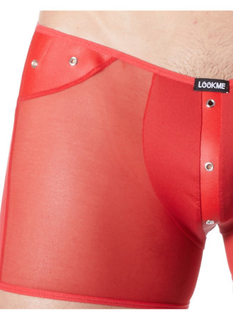 Boxer rouge sexy maille transparente et bande style cuir - LM807-67RED